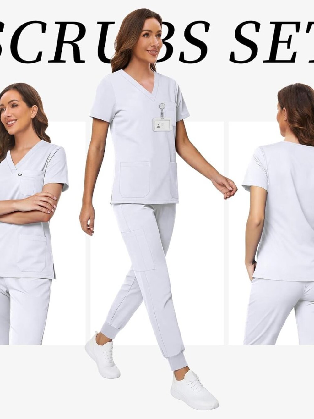 VIAOLI Women's White Scrub Set V-Neck Top Jogger Pants XL